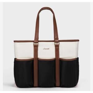 Lovevook Multi-Pocket‎ Laptop Tote Bag in Black-Beige-Brown